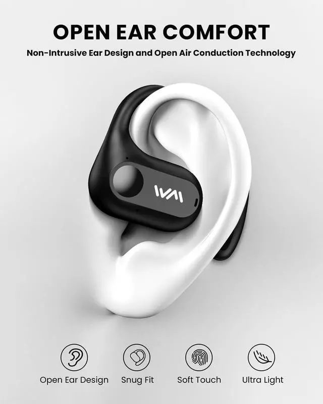 Alt view image 2 of 5 - Open Ear Headphones,Bluetooth 5.3 Air Conduction Headphones ,Comfortable for Long Wear ,Powerful Bass,AI Clear Calls,30H Playback,IPX6 Light Weight Open Ear Earbuds with Ear-Hook for Workout,Running