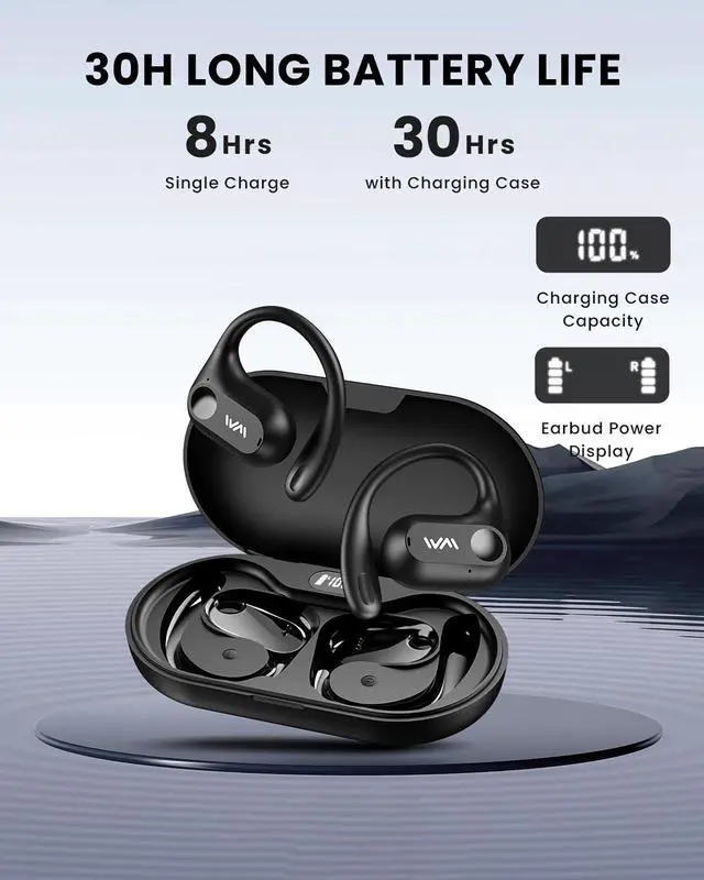 Alt view image 5 of 5 - Open Ear Headphones,Bluetooth 5.3 Air Conduction Headphones ,Comfortable for Long Wear ,Powerful Bass,AI Clear Calls,30H Playback,IPX6 Light Weight Open Ear Earbuds with Ear-Hook for Workout,Running