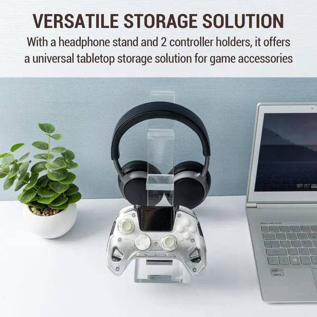 Alt view image 3 of 4 - MyGift Premium 10mm Thick Clear Acrylic Gaming Headphone Headset Stand with 2 Controller Holder, Tabletop Universal Storage Rack for Game Accessories