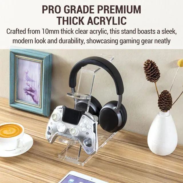 Alt view image 2 of 4 - MyGift Premium 10mm Thick Clear Acrylic Gaming Headphone Headset Stand with 2 Controller Holder, Tabletop Universal Storage Rack for Game Accessories