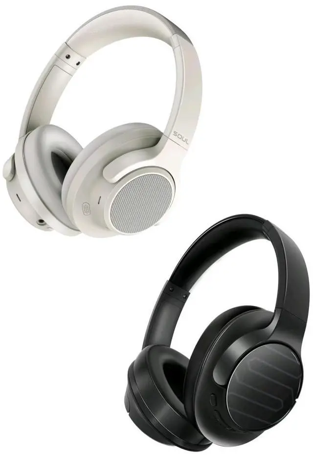 Main image of Soul Electronics Bundle of Beige Noise Cancelling Bluetooth Headset and Black Wireless Over-Ear Foldable Headphones, USB-C Quick Charging, Deep Bass
