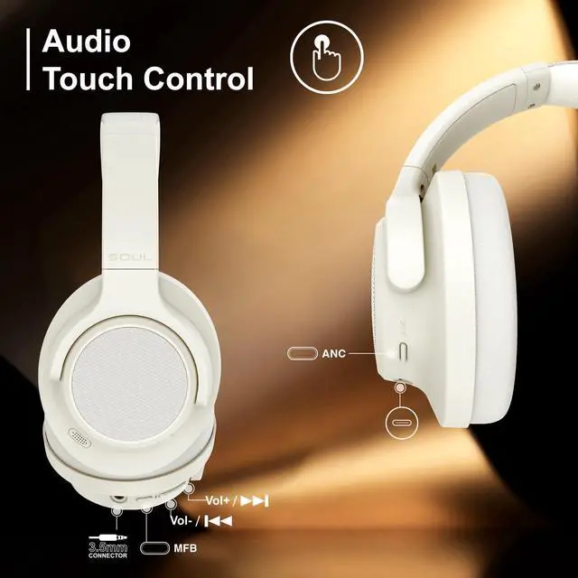 Alt view image 3 of 5 - Soul Electronics Bundle of Beige Noise Cancelling Bluetooth Headset and Black Wireless Over-Ear Foldable Headphones, USB-C Quick Charging, Deep Bass
