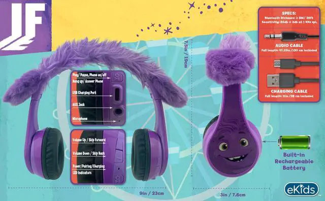 Alt view image 4 of 5 - eKids IF Bluetooth Headphones, Wireless Headphones with Microphone Includes Aux Cord, Volume Reduced Kids Foldable Earphones for School, Home, or Travel