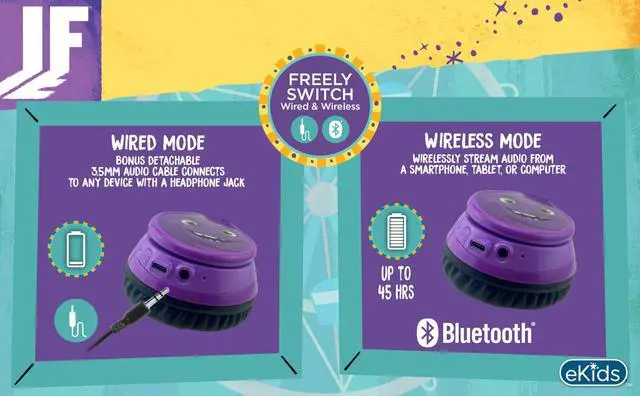 Alt view image 5 of 5 - eKids IF Bluetooth Headphones, Wireless Headphones with Microphone Includes Aux Cord, Volume Reduced Kids Foldable Earphones for School, Home, or Travel