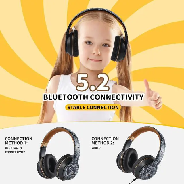 Alt view image 2 of 5 - Arryes Kids Bluetooth Headset,Suitable for 3-21 Years Old Children, Wireless Sports Music Game Headset, Protein Ear pad Painless Long wear, Suitable for Mobile Phones, Tablets, laptops. (Black Gold)