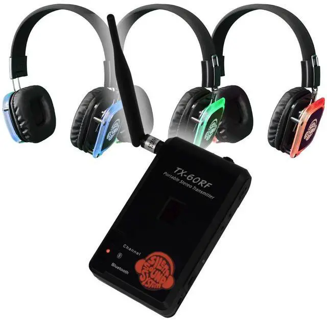 Main image of Silent Sound System Wireless Starter Package for Yoga, Guided Tours, Fitness and More - Portable and Hands-Free (10 RF LED Headphones, 1 Wireless Transmitter)