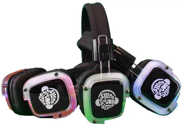 Alt view image 3 of 5 - Silent Sound System Wireless Starter Package for Yoga, Guided Tours, Fitness and More - Portable and Hands-Free (10 RF LED Headphones, 1 Wireless Transmitter)