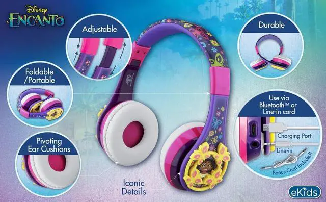 Alt view image 4 of 5 - eKids Disney Encanto Kids Bluetooth Headphones, Wireless Headphones with Microphone Includes Aux Cord, Volume Reduced Kids Foldable Earphones