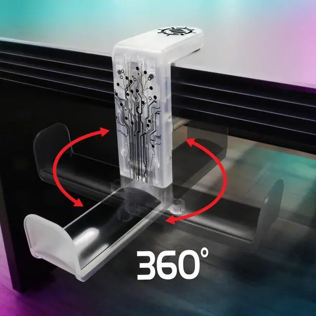 Alt view image 2 of 5 - ENHANCE Voltaic 2 PC Gaming Headphone Holder - Desk Headphone Hanger Esports Headset Holder with Adjustable 360 Rotation, Under Desk Hook Clamp, Universal Fit - Built in Cable Clip Organizer - Clear