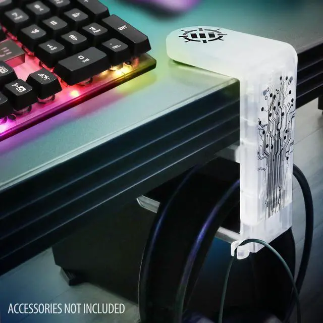 Alt view image 4 of 5 - ENHANCE Voltaic 2 PC Gaming Headphone Holder - Desk Headphone Hanger Esports Headset Holder with Adjustable 360 Rotation, Under Desk Hook Clamp, Universal Fit - Built in Cable Clip Organizer - Clear