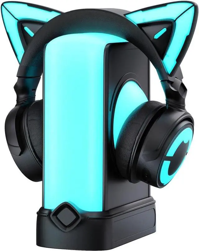 Main image of YOWU RGB Cat Ear Headphones CE Black and Crystal Headphone Stand Black, Accessories for The Ultimate Experience