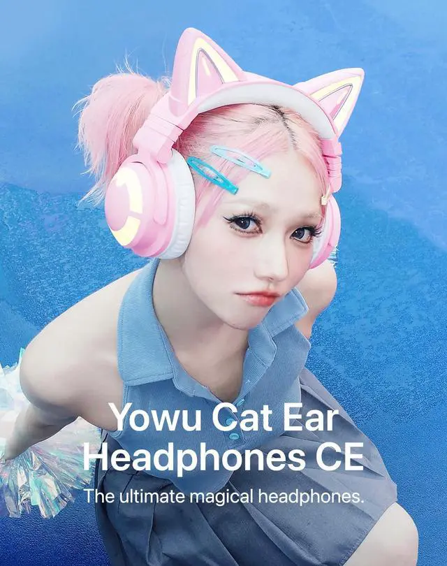 Alt view image 2 of 5 - YOWU RGB Cat Ear Headphones CE Pink and Crystal Headphone Stand Black, Accessories for The Ultimate Experience