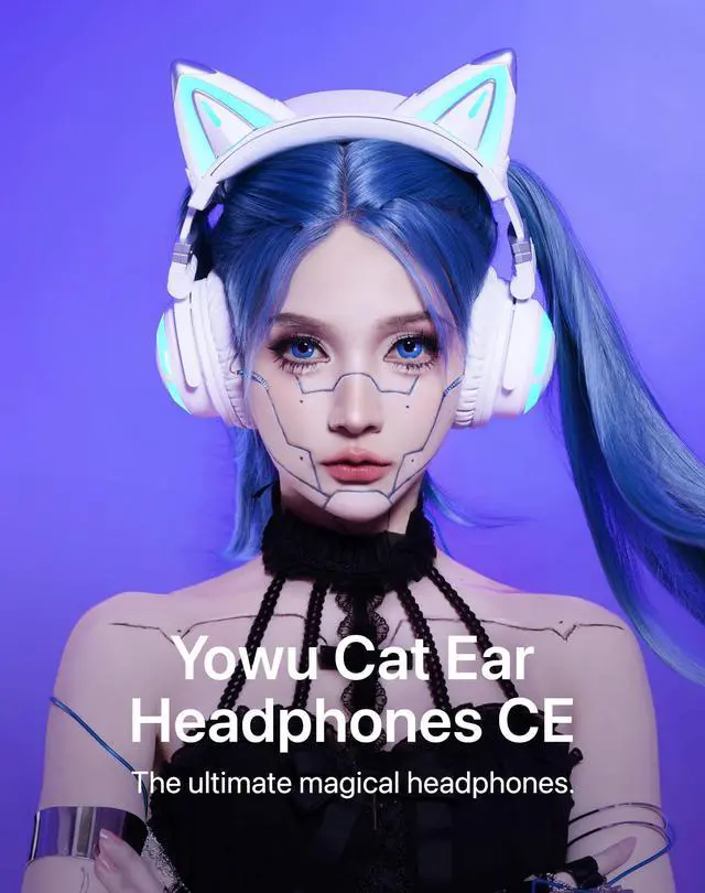 Alt view image 2 of 5 - YOWU RGB Cat Ear Headphones CE White and Crystal Headphone Stand Black, Accessories for The Ultimate Experience