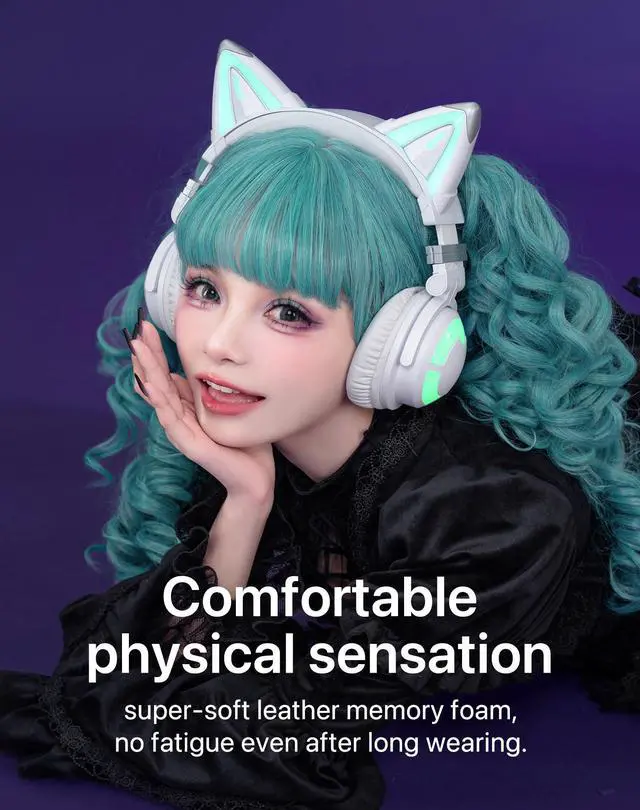 Alt view image 4 of 5 - YOWU RGB Cat Ear Headphones CE White and Crystal Headphone Stand Pink, Accessories for The Ultimate Experience