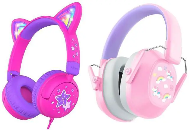 Main image of iClever Lollipop Kids Headphones Cat Ear & EM01 Noise Cancelling Headphones for kids