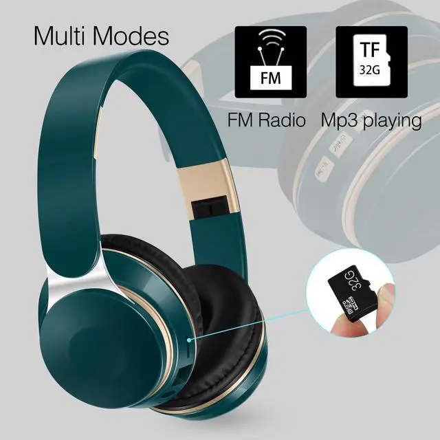 Alt view image 2 of 5 - RAT TAIL Bluetooth Headset, Chat- Comfortable Over Ear Stereo Wireless Headphones with Mic, Soft Earmuffs/Foldable/SD/TF/FM Radio, 20H Playtime, Great for Music/Tour/Gym/Game/Chat (Deep Green)