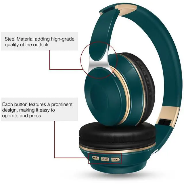 Alt view image 3 of 5 - RAT TAIL Bluetooth Headset, Chat- Comfortable Over Ear Stereo Wireless Headphones with Mic, Soft Earmuffs/Foldable/SD/TF/FM Radio, 20H Playtime, Great for Music/Tour/Gym/Game/Chat (Deep Green)