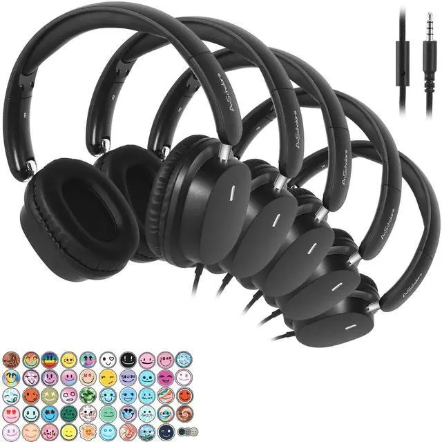 Main image of A+ Scholars Kids Headphones for School Bulk Set 5-Pack Over-Ear, Foldable, 3.5mm Jack, Wired Earphones for Classroom, Library, Airplane, for Online Learning and Travel (Black)