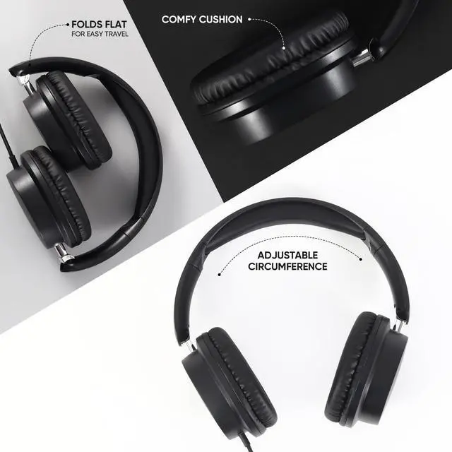 Alt view image 3 of 5 - A+ Scholars Kids Headphones for School Bulk Set 5-Pack Over-Ear, Foldable, 3.5mm Jack, Wired Earphones for Classroom, Library, Airplane, for Online Learning and Travel (Black)