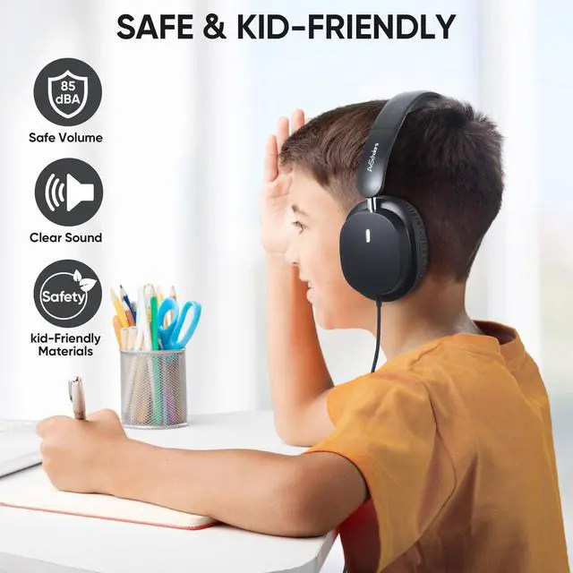 Alt view image 4 of 5 - A+ Scholars Kids Headphones for School Bulk Set 5-Pack Over-Ear, Foldable, 3.5mm Jack, Wired Earphones for Classroom, Library, Airplane, for Online Learning and Travel (Black)
