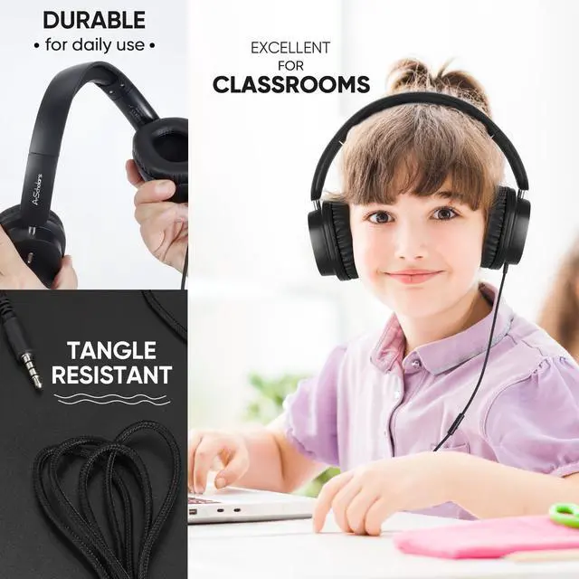 Alt view image 5 of 5 - A+ Scholars Kids Headphones for School Bulk Set 5-Pack Over-Ear, Foldable, 3.5mm Jack, Wired Earphones for Classroom, Library, Airplane, for Online Learning and Travel (Black)