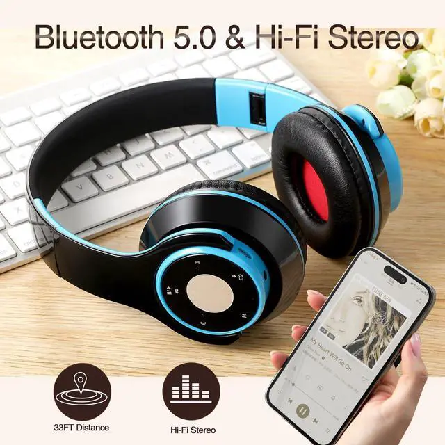Alt view image 3 of 5 - Bluetooth Headphones Over Ear, Wireless Headphones with 5 EQ Modes, 20 Hours Playtime Foldable HiFi Stereo Headset with Microphone, FM/TF for Cellphone/PC/Work/Travel/Kids/Adults/Gift (Blue)