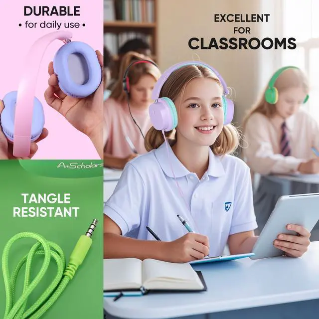 Alt view image 4 of 5 - A+ Scholars Kids Headphones for School Bulk Set 5-Pack Over-Ear, Foldable, 3.5mm Jack, Wired Earphones for Classroom, Library, Airplane, for Online Learning and Travel (Colorful)