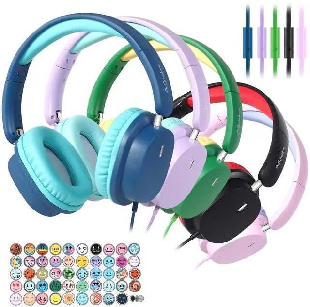 Main image of A+ Scholars Kids Headphones for School Bulk Set 5-Pack Over-Ear, Foldable, 3.5mm Jack, Wired Earphones for Classroom, Library, Airplane, for Online Learning and Travel (Colorful)