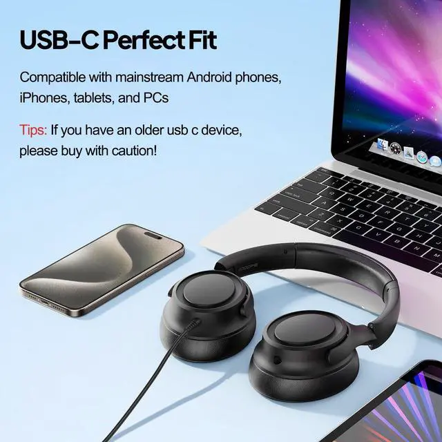 Alt view image 4 of 5 - ADOOPE Wired Over-Ear Headphones with USB C Connector, Hi-Fi Stereo Sound, Noise-Isolating Ear Cups, Comfortable Fit for USB C Devices (No Bag, Black)