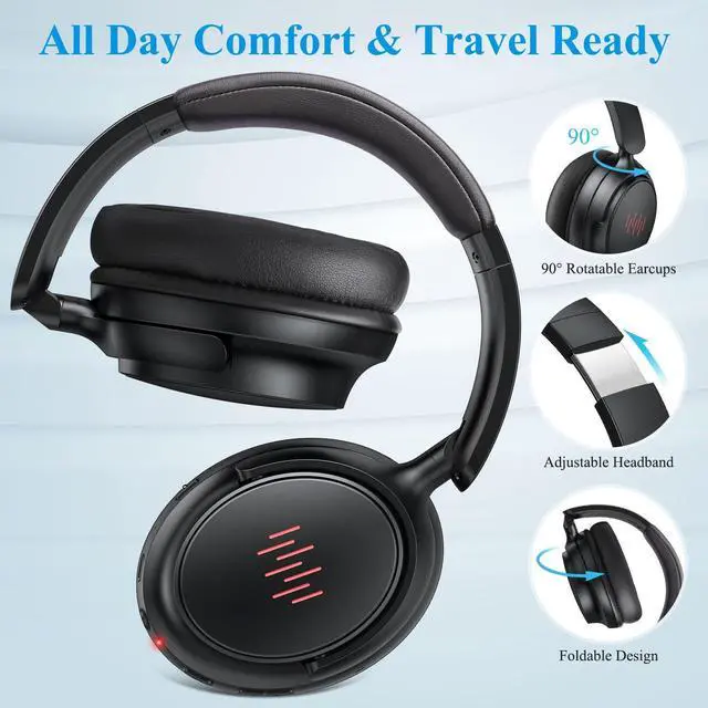 Alt view image 5 of 5 - Premium Active Noise Cancelling Wireless Headphones Bluetooth 5.4 Over-Ear ANC Headset for Students Gaming Online Classes Travel Airplane Hi-Res Sound Foldable for Samsung TV QLED iPhone Google, Black
