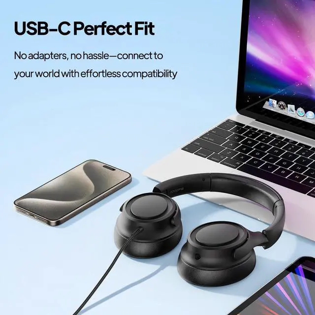 Alt view image 4 of 5 - ADOOPE Wired Over-Ear Headphones with USB C Connector, Hi-Fi Stereo Sound, Noise-Isolating Ear Cups, Comfortable Fit for USB C Devices (Black + Pink)