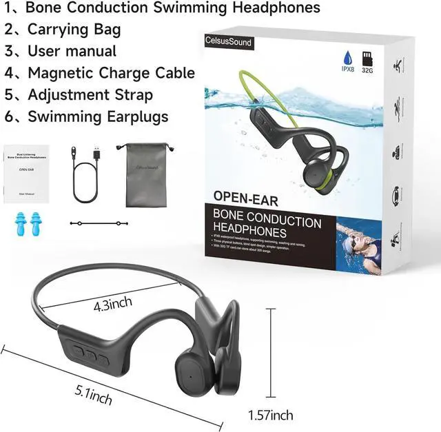 Alt view image 5 of 5 - Bone Conduction Headphones IP68,Bluetooth 5.3, Built-in 32GB for MP3 Music Player, Open Ear Headphone with Mic for Phone Calls, 10H Endurance Play for Running, Cycling
