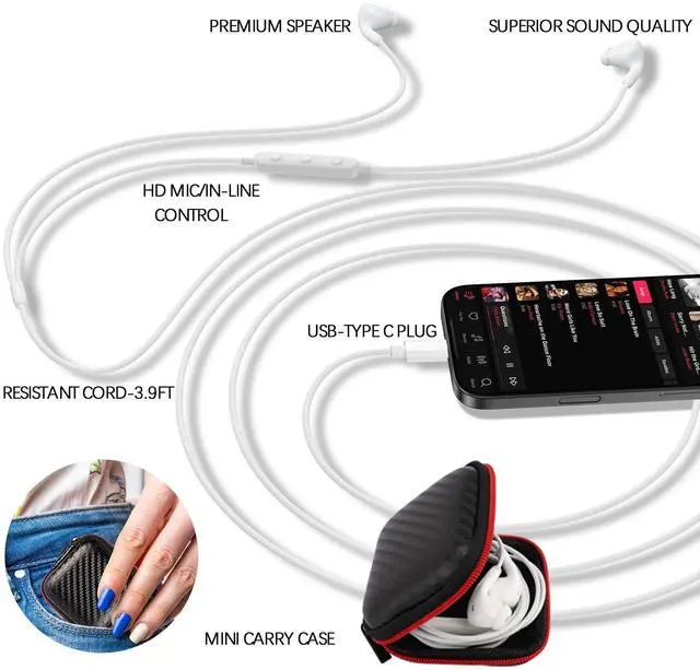 Alt view image 4 of 5 - USBC Wired Headphones for iPhone 16e 16 Pro Max Plus 15, USB C Earbuds Corded Mic Case Stereo Semi in Ear Type C Earphones for iPad 11 10 Galaxy S25 Ultra S24 Fe Pixel 9A 9 XL 8, White