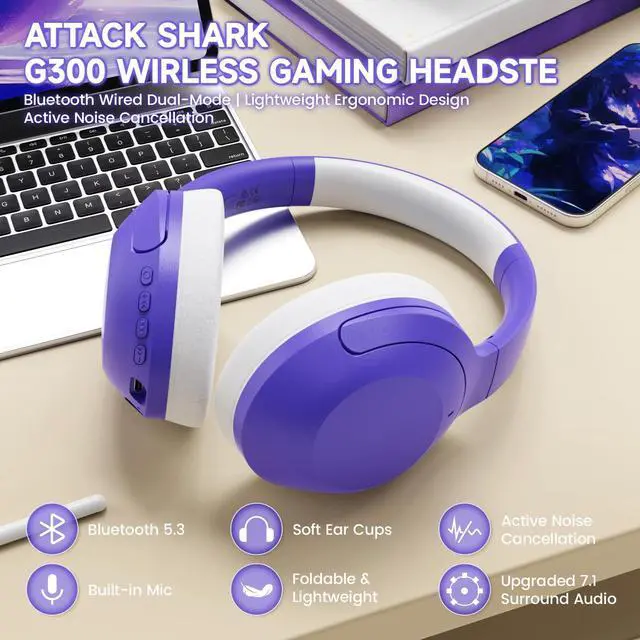 Alt view image 2 of 5 - ATTACK SHARK G300 Wireless Over-Ear Headphones with Active Noise Cancelling,Bluetooth 5.3,40H Playtime,Deep Bass HD Stereo Sound,Built-in Mic,Comfortable Design for Travel/Home Office/Gaming(Purple)
