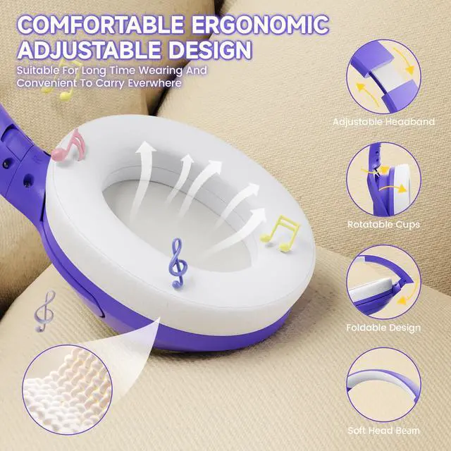 Alt view image 5 of 5 - ATTACK SHARK G300 Wireless Over-Ear Headphones with Active Noise Cancelling,Bluetooth 5.3,40H Playtime,Deep Bass HD Stereo Sound,Built-in Mic,Comfortable Design for Travel/Home Office/Gaming(Purple)