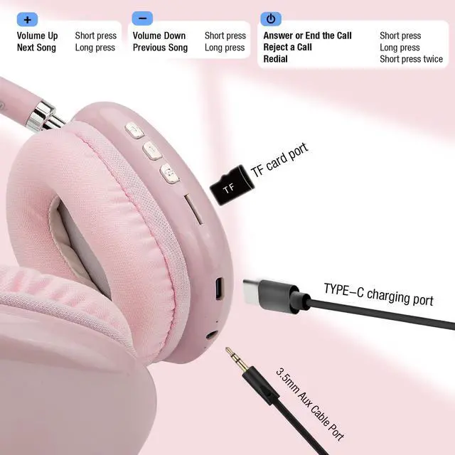 Alt view image 4 of 5 - AUDALA Wireless Bluetooth Over Ear Headphones Up to 28H Battery Life Headset with Microphone Gym Overhead Headphones Compatible with iOS & Android Mobile Phones, Computers, Laptop (Pink)