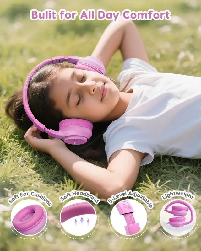Alt view image 3 of 5 - awatrue Kids Headphones with Cord for School, 74/85/94dB Volume Limit, Wired Over-Ear Headphones for Kids Boys Girls, Stereo Sound 3.5mm Jack for Tablet, Kindle, YOTO Player, Airplane Travel, Pink