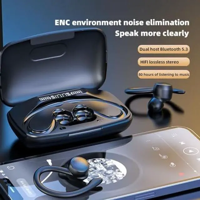 Alt view image 3 of 5 - Sports Wireless Headphones Bluetooth Earbuds LED Power Display Charging Case Stereo Bass Headset with Earhook Over-Ear Earphones for Workout Driving Walking Running (Black)