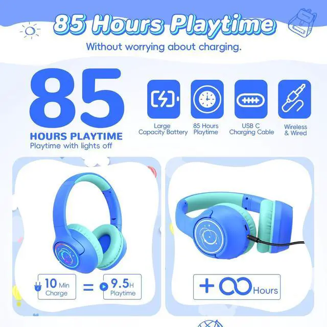 Alt view image 2 of 5 - Botesty Sound [Blue + Purple] Kids Bluetooth Headphones, 85H Playtime Wireless Headphones for Kids, Colorful LED Lights, 85/94dB Safe Volume Limit, Bluetooth 5.4 Built-in Mic Toddler Headset