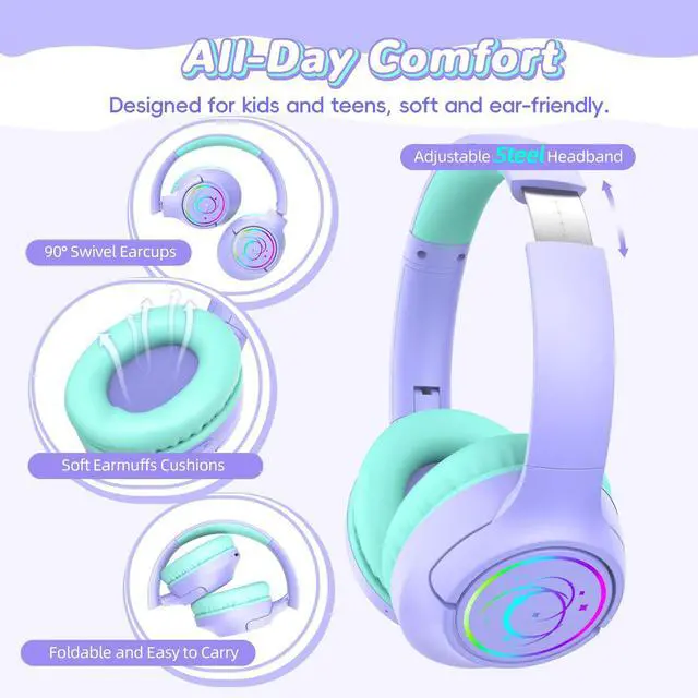 Alt view image 5 of 5 - Botesty Sound [Blue + Purple] Kids Bluetooth Headphones, 85H Playtime Wireless Headphones for Kids, Colorful LED Lights, 85/94dB Safe Volume Limit, Bluetooth 5.4 Built-in Mic Toddler Headset