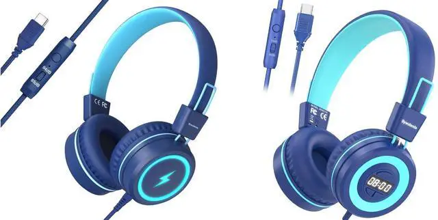 Main image of Bywulanda USB Type C Kids Headphones with LED Light & USB-C Kids Headphones with Digital Timer, 85/94dB Volume Limit Portable Headphones for iPhone 15 16 Pro, Foldable for Travel