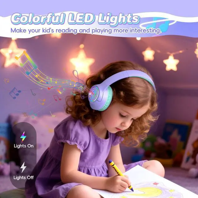 Alt view image 3 of 5 - Botesty Sound [Blue + Purple] Kids Bluetooth Headphones, 85H Playtime Wireless Headphones for Kids, Colorful LED Lights, 85/94dB Safe Volume Limit, Bluetooth 5.4 Built-in Mic Toddler Headset