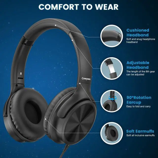 Alt view image 3 of 5 - Cowyawn Over Ear Headphones Wired, 3.5mm Foldable Wired Headphones with Microphone, Volume Control, HD Stereo Sound, Lightweight Headphones for Adult/Teens/Chromebooks/Laptop/Computer/Tablets, Black