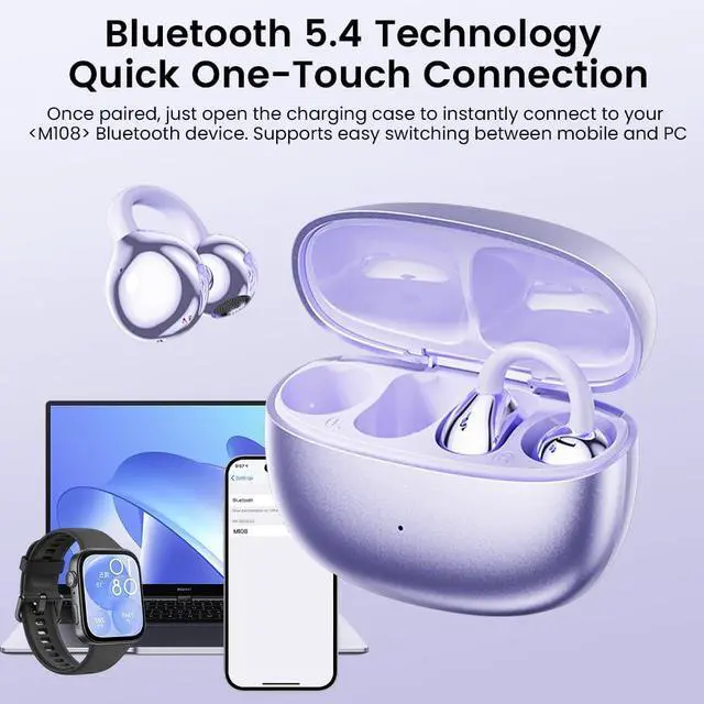 Alt view image 4 of 5 - CuiSuto Clip on Earbuds Open Ear Headphones, Air Conduction Wireless Earphones Bluetooth 5.4, 50H Playtime, Over Ear Earbuds Comfortable for Sports, Running, Workouts and Glasses Wearers-Purple