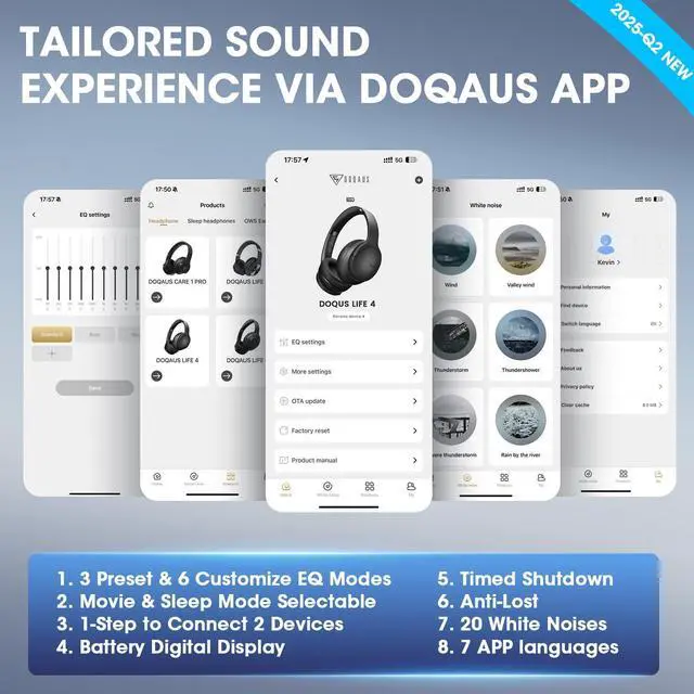 Alt view image 3 of 5 - DOQAUS Over Ear Bluetooth Headphones Wireless, 90H Playtime, BT 5.4, 9 EQ Modes, HiFi Deep Bass, Movie & Sleep Mode, White Noises w/App Control, Memory Foam Cups for Travel, Gym, Workout, PC, Phone