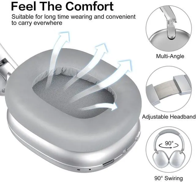 Alt view image 4 of 5 - RORSOU C6 Active Noise Cancelling Headphones, Wireless Over Ear Bluetooth Headphones, 60H Playtime, Lightweight Folding Deep Bass Comfort Fit Ear Cups Headset with Mic for iPad/Travel/PC/Home Silver