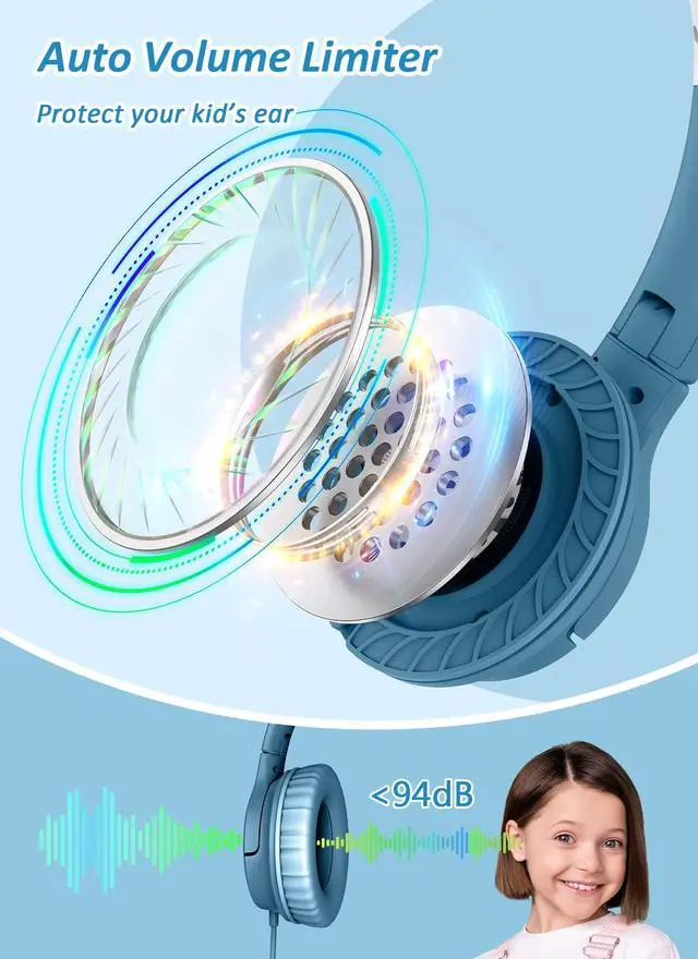 Alt view image 2 of 5 - DyBaxa Kids Headphones Wired, Foldable On Ear Headset, Volume Limiter 94dB, Over-Ear Headphones for Kids School Online Classes Travel Children, 3.5mm Jack Compatible Smartphones Tablet, Dark Blue