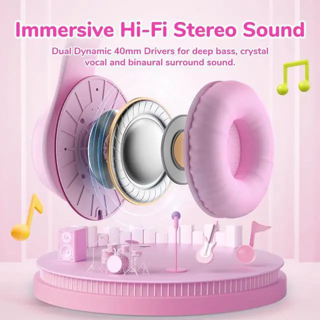 Alt view image 2 of 5 - EarFun K3 Kids Headphones, Over Ear Headphones for Kids, Volume Limit, HD Stereo Sound, USB-C Cable, Comfortable Fit, Foldable Wired Headphones for School/Travel/Boys/Girls/Tablet/iPad, Pink