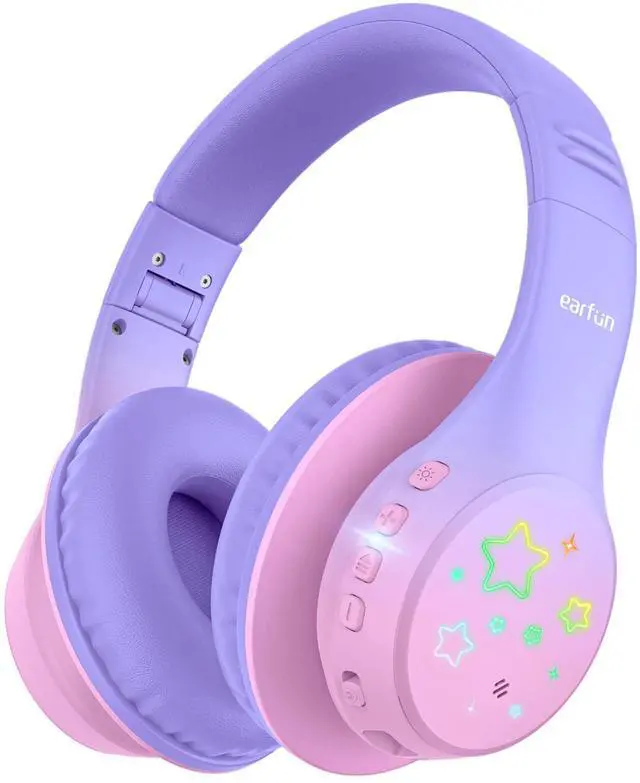 Main image of EarFun K4 Kids Bluetooth Headphones, Wireless Headphones with LED Lights, 74/85/94dBA Volume Limited, Built-in Mic, 90H Playtime, Bluetooth 5.4 Over Ear Headphone for iPad/Tablet/School, Violet