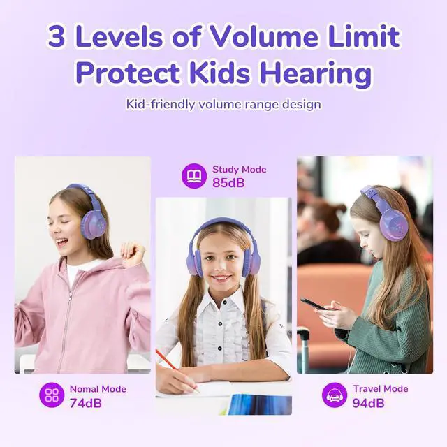 Alt view image 2 of 5 - EarFun K4 Kids Bluetooth Headphones, Wireless Headphones with LED Lights, 74/85/94dBA Volume Limited, Built-in Mic, 90H Playtime, Bluetooth 5.4 Over Ear Headphone for iPad/Tablet/School, Violet